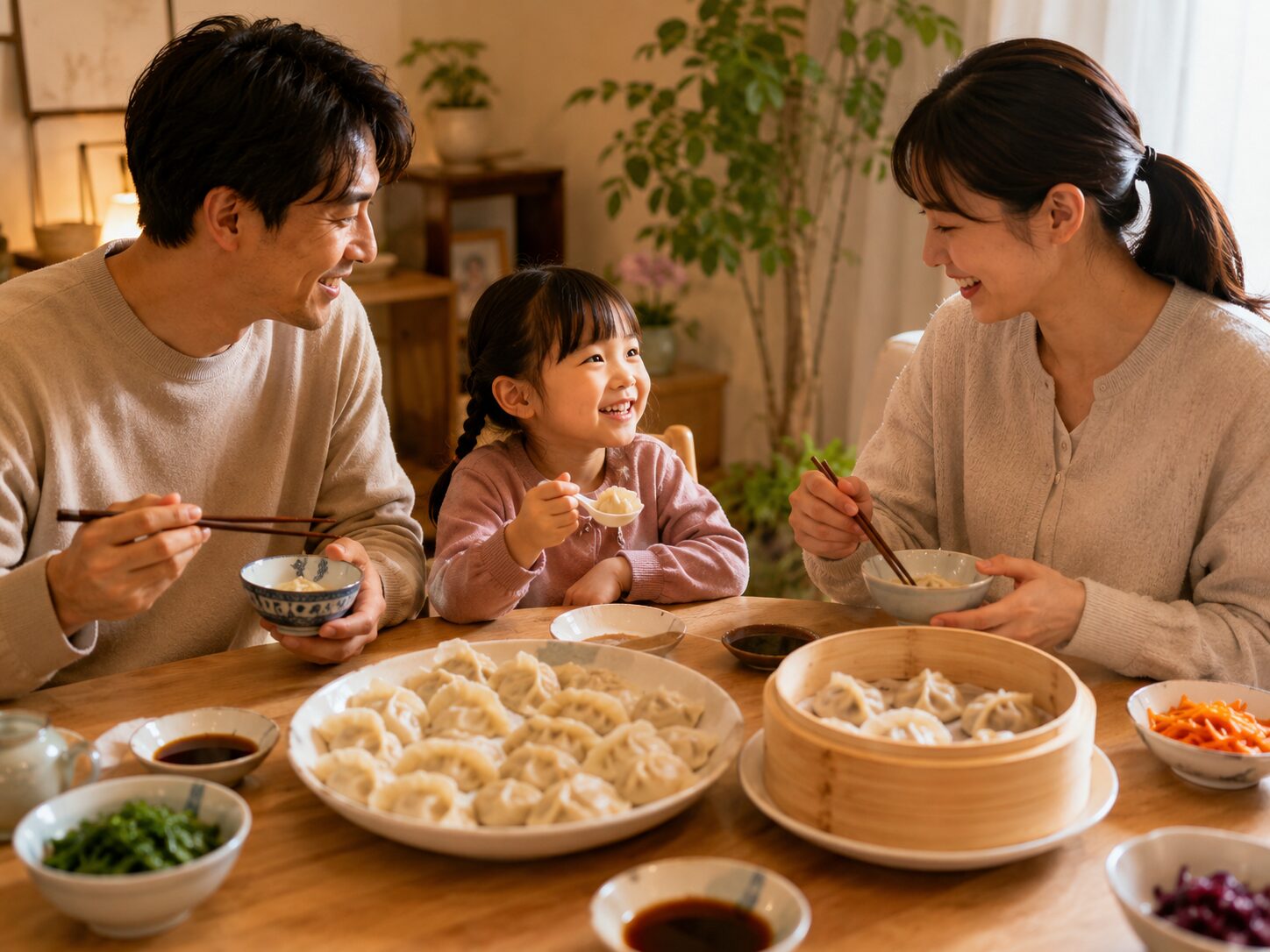笑顔で食事を楽しむ食卓