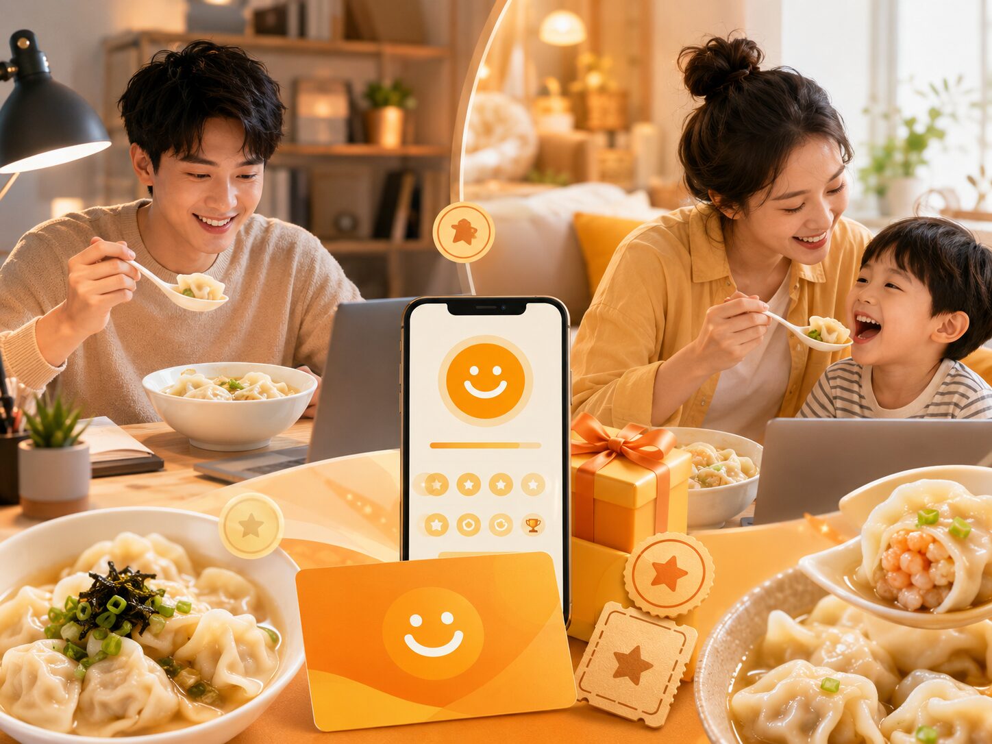 SundayBALのSmile会員制度を表す水餃子と笑顔の食卓イメージ