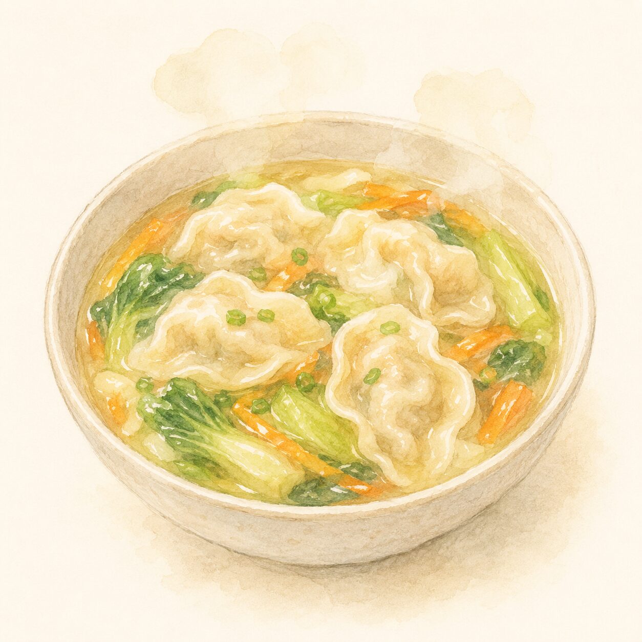 野菜と一緒にスープに入れて煮込んだYuri.の水餃子のイメージ