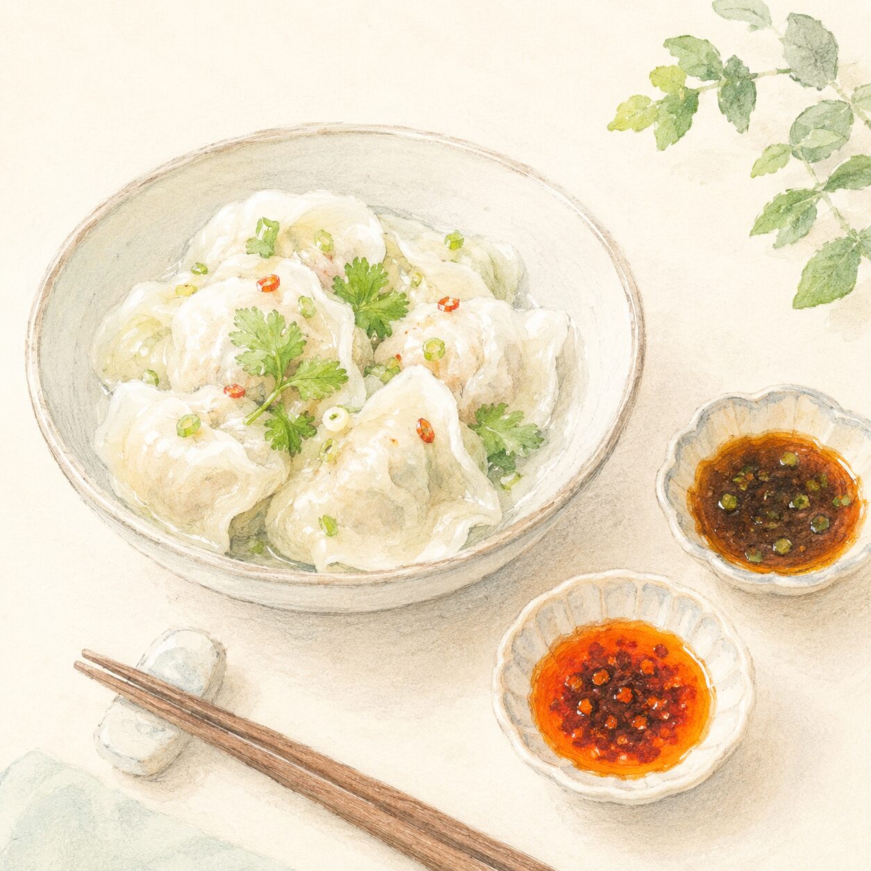 ポン酢とラー油のタレにつけて食べるYuri.の水餃子のイメージ